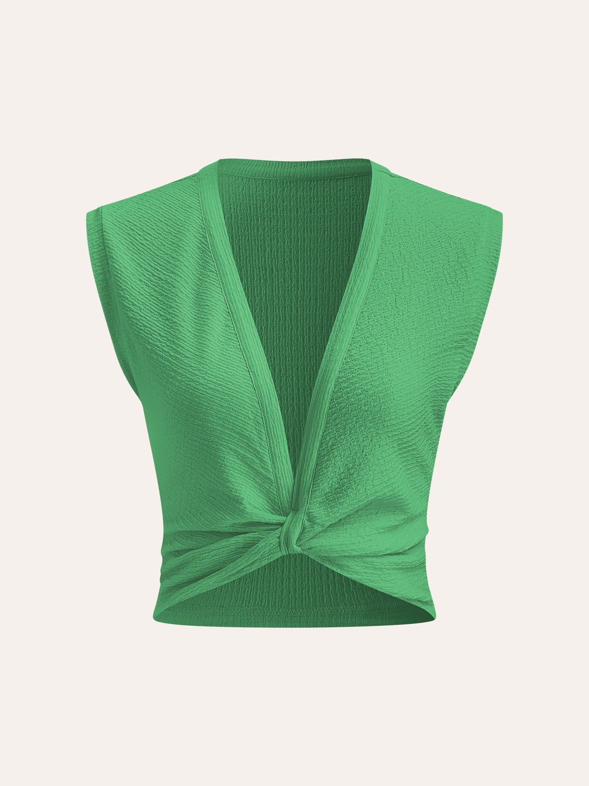 Women's sleeveless woven V-neck top in neutral tone with flattering front knot detail
