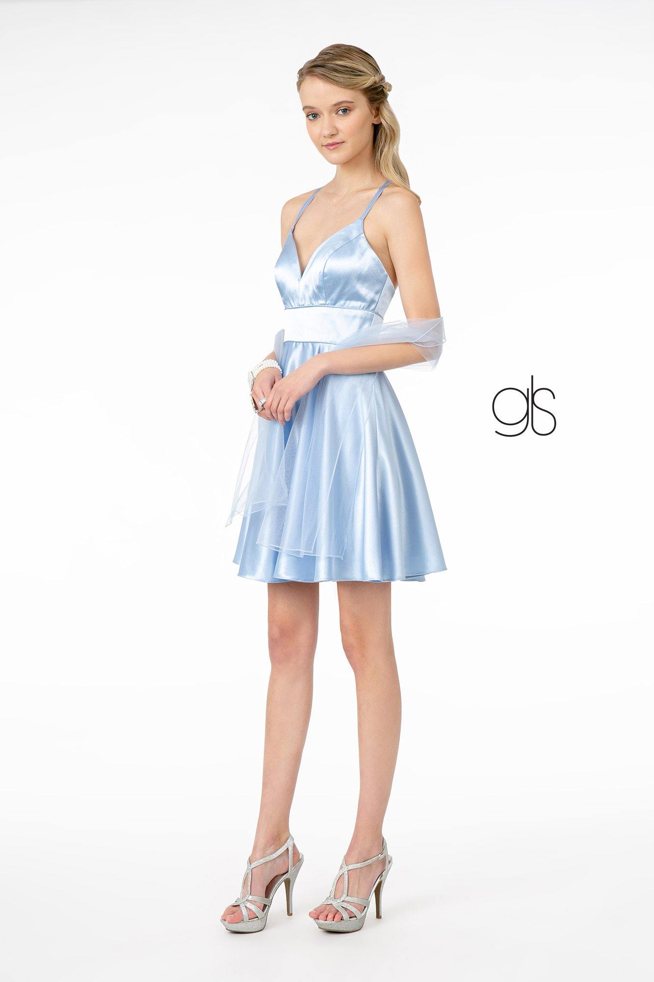 Sleeveless lamé cocktail mini dress V-neck A-line silhouette with crisscross back straps party-ready