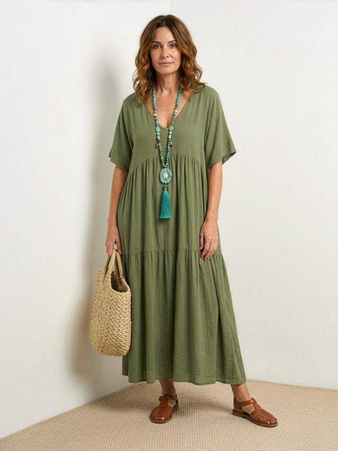 Sienna | Women's V-Neck Tiered Maxi Swing Dress with Short Sleeves