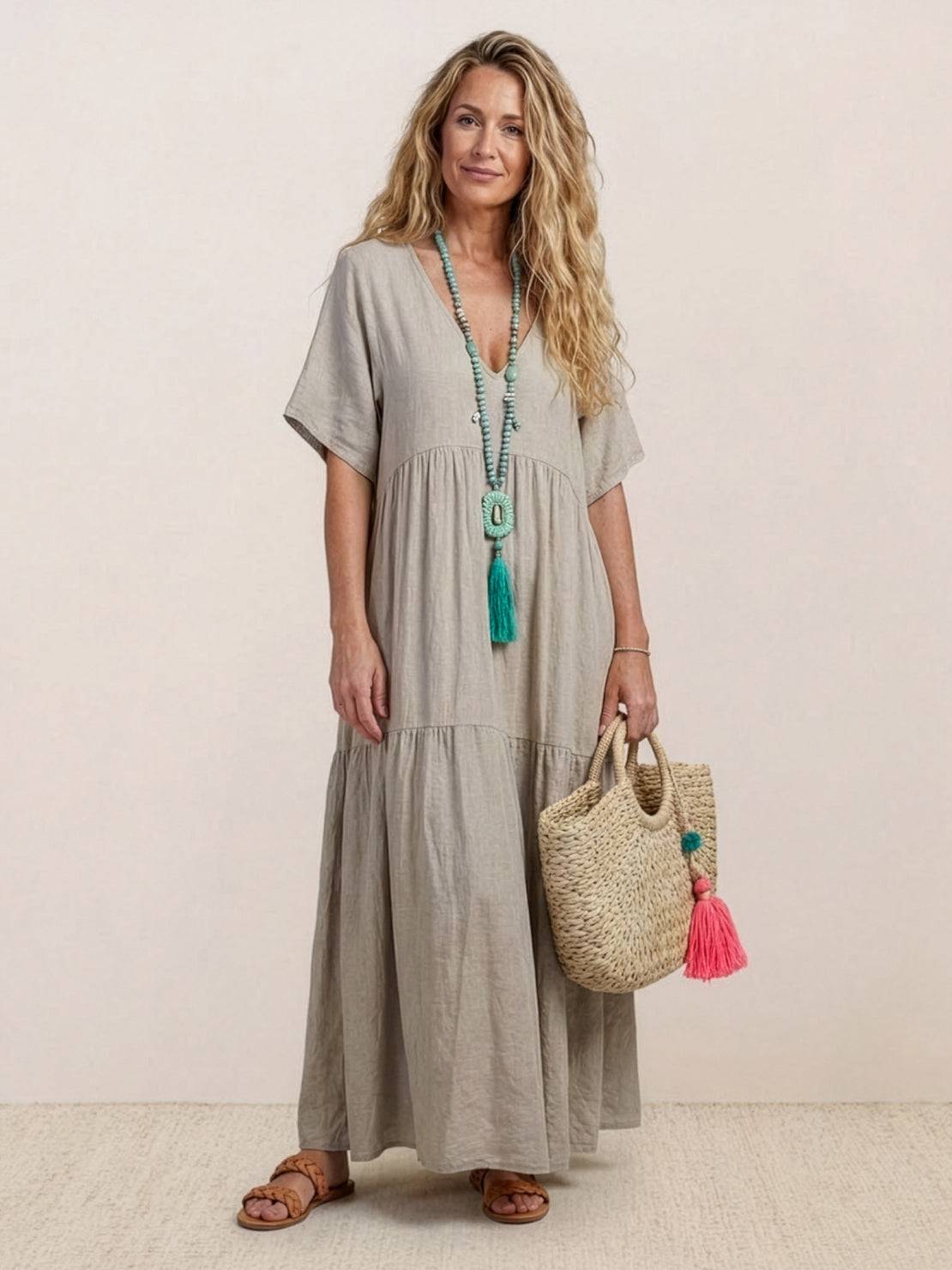 Sienna | Women's V-Neck Tiered Maxi Swing Dress with Short Sleeves