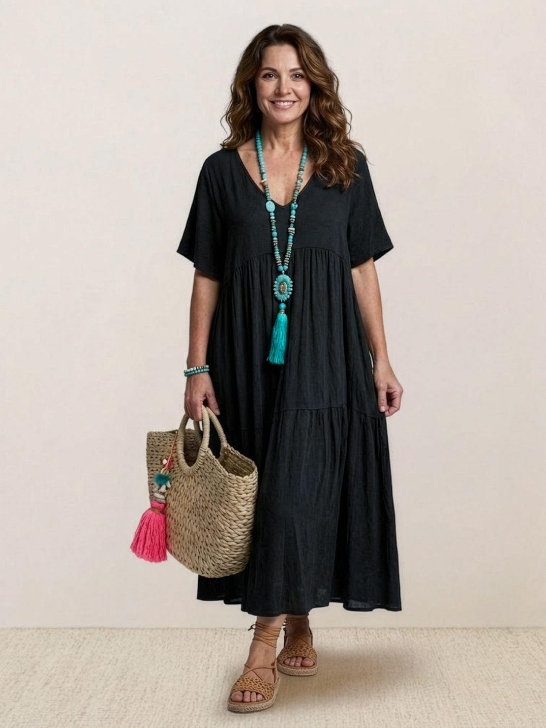 Sienna | Women's V-Neck Tiered Maxi Swing Dress with Short Sleeves