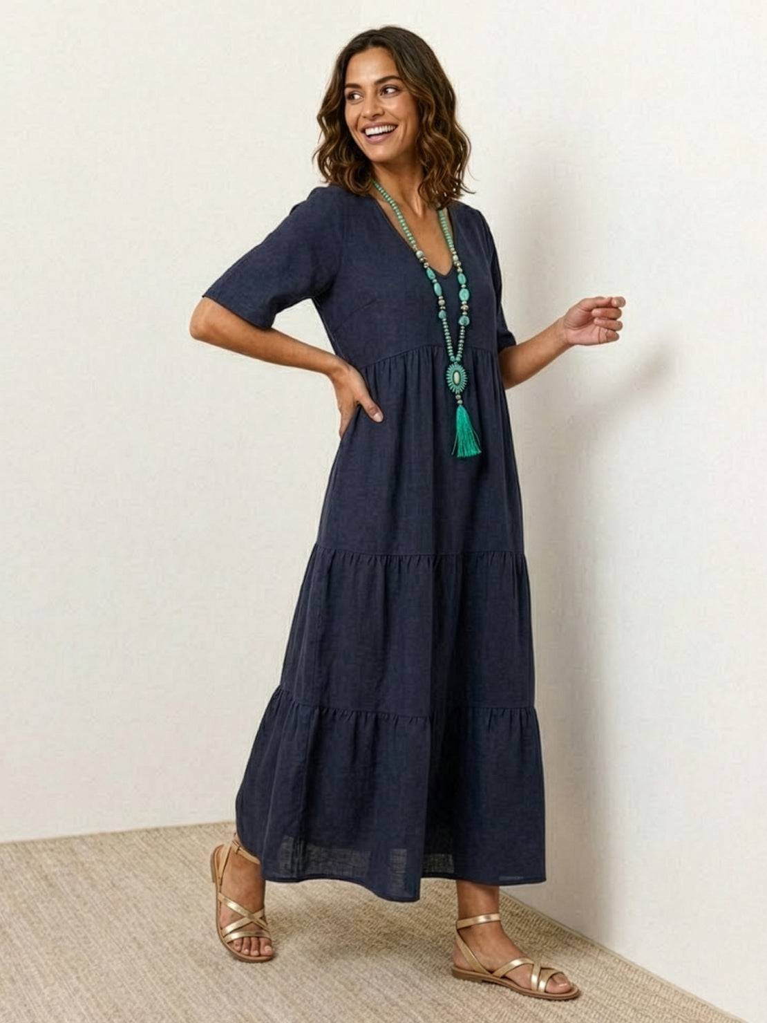 Sienna | Women's V-Neck Tiered Maxi Swing Dress with Short Sleeves