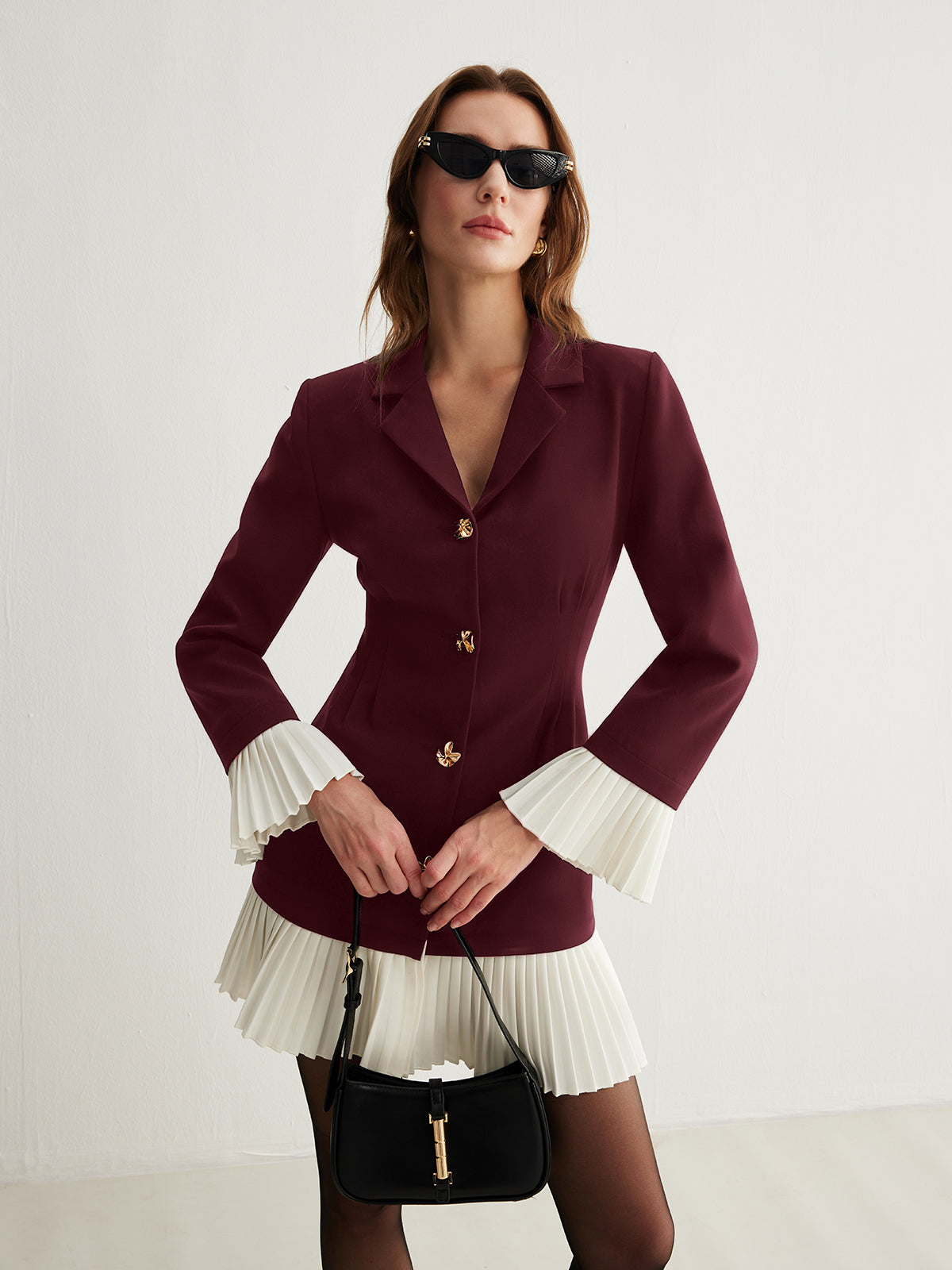 Women's two-tone pleated button dress V-neck silhouette with cuff and hem pleat accents