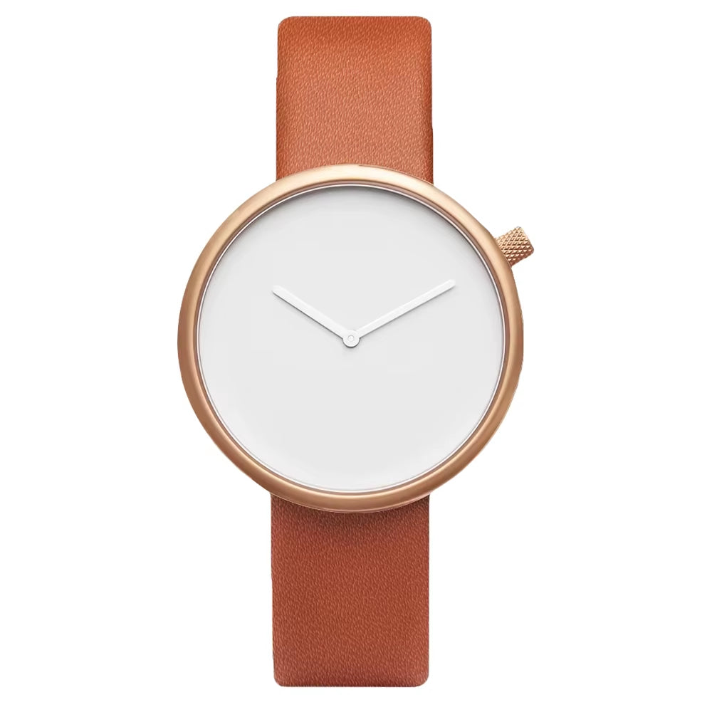 Minimalist numberless dial sculptural watch, sleek modernist silhouette for fashion-forward styling
