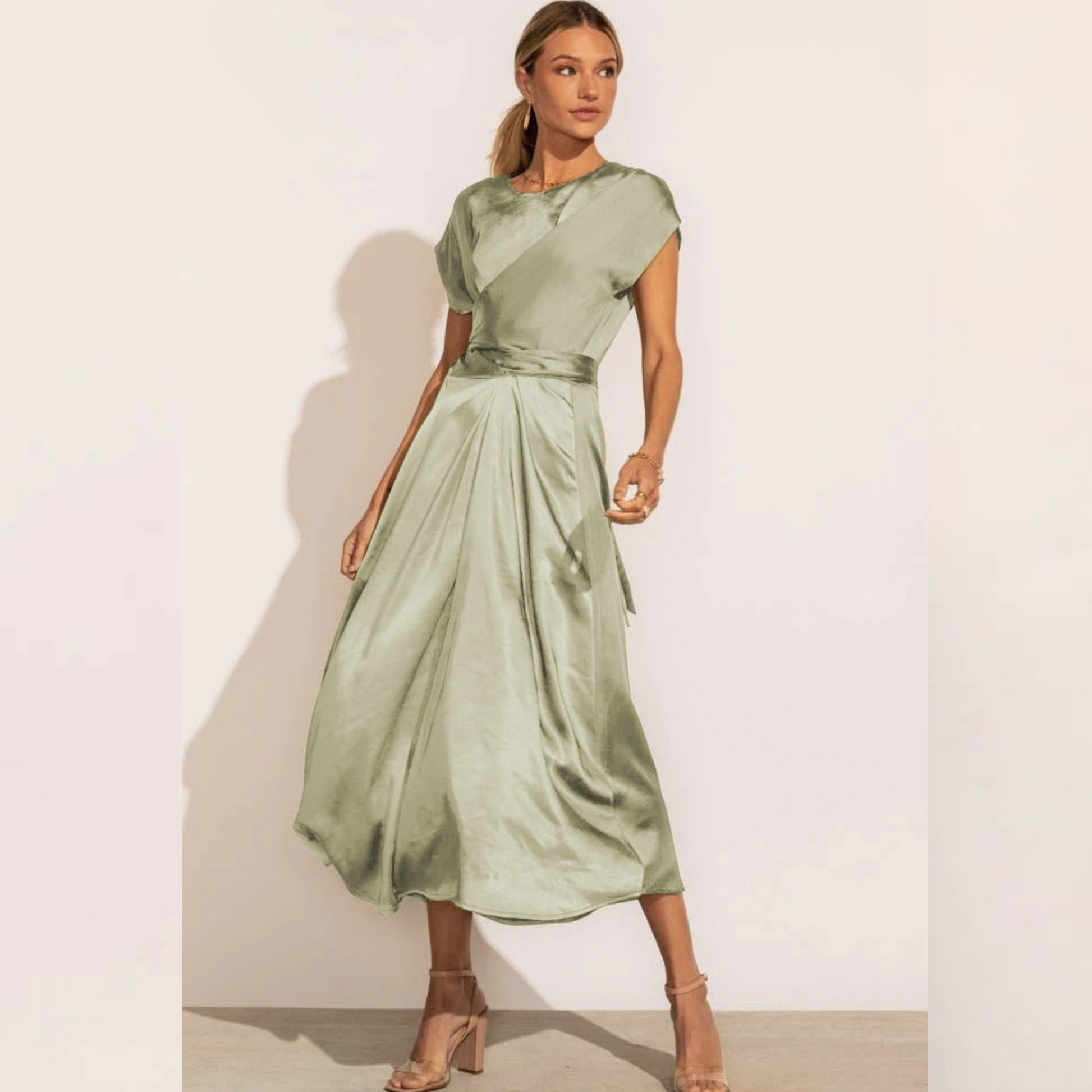Elegant midi evening dress with layered sleeves, diagonal cut silhouette, airy feminine style