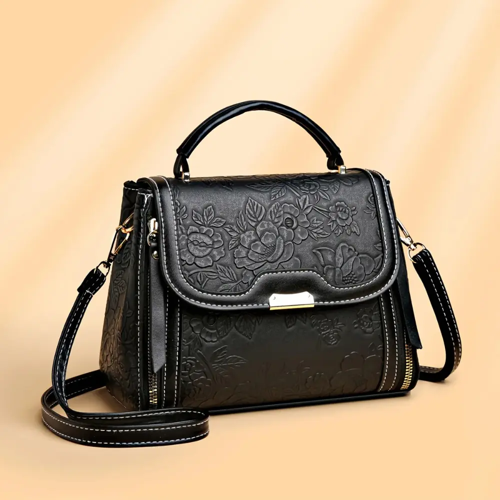 Valentina structured vegan leather satchel handbag with floral embossing and removable crossbody strap