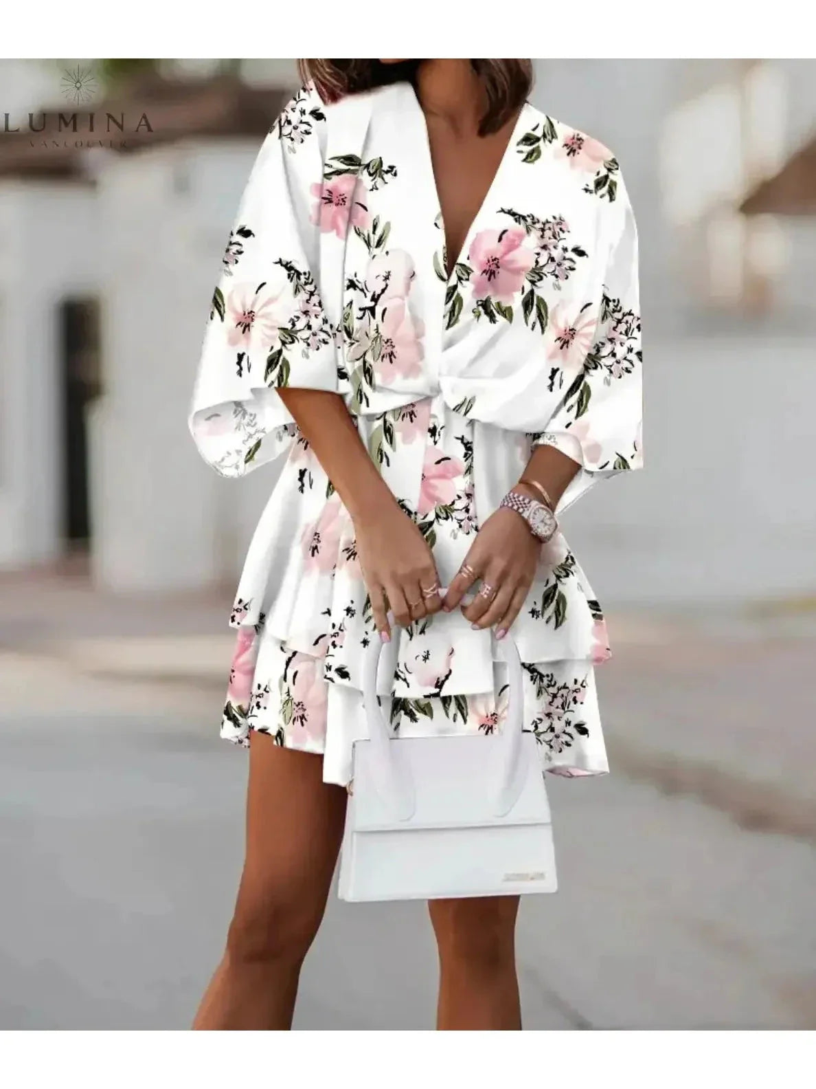 Bohemian floral mini dress relaxed flowy silhouette romantic print casual women's brunch style