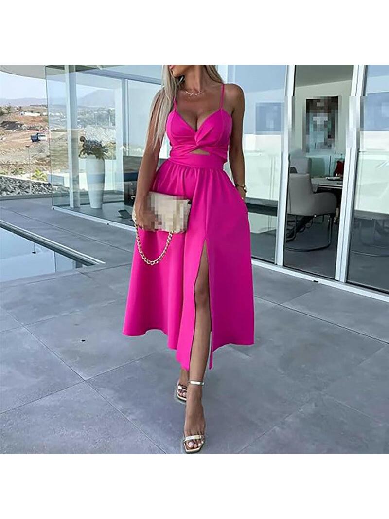 Elegant strappy midi dress with front slit, sleek silhouette, perfect for weddings and dates