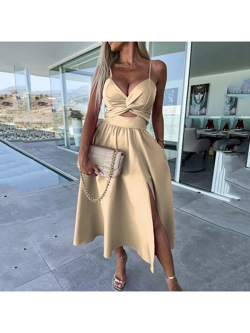 Elegant strappy midi dress with front slit, sleeveless silhouette, perfect for weddings and date nights
