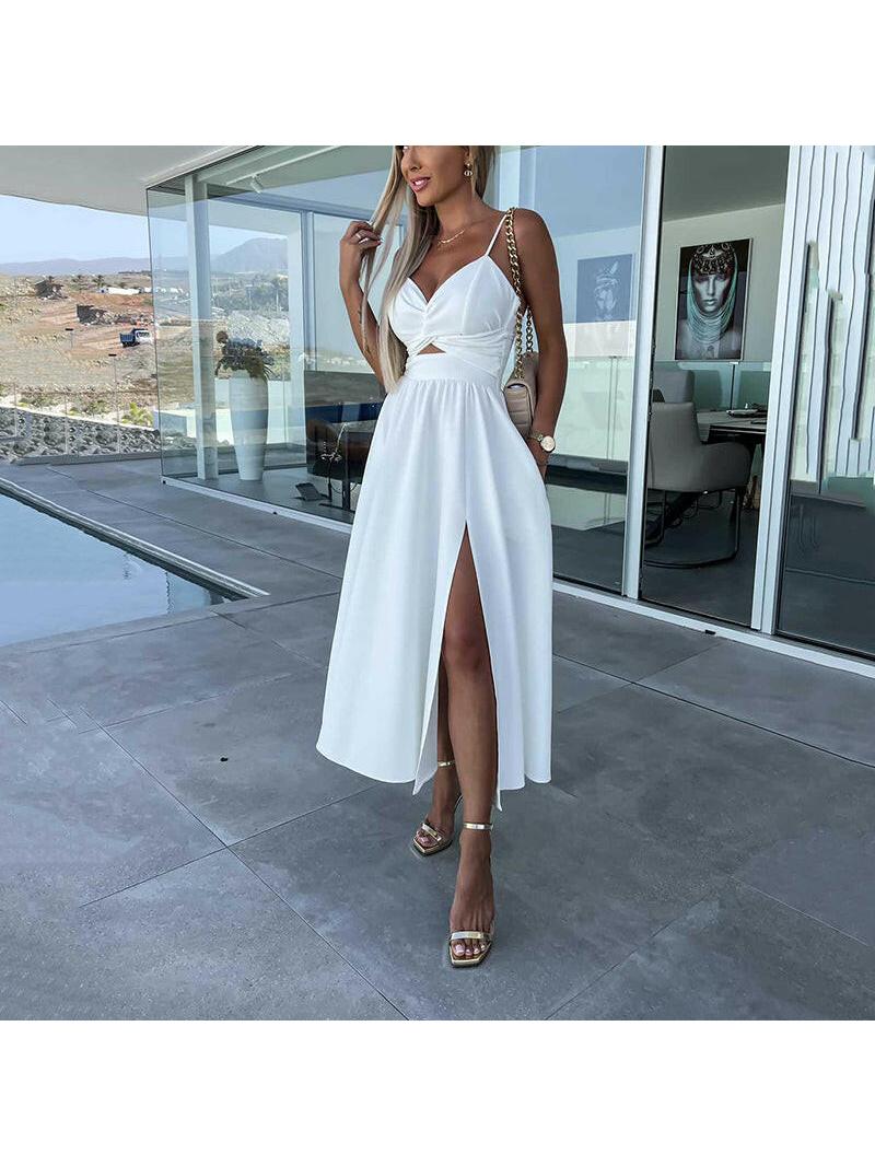 Elegant strappy midi dress with front slit, sleek silhouette ideal for weddings and date nights