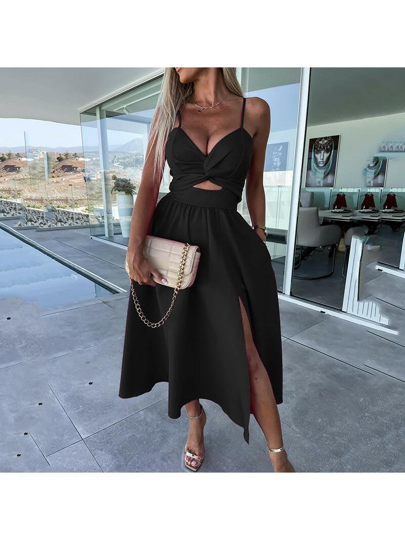Elegant strappy midi dress with front slit in classic style, perfect feminine silhouette for women