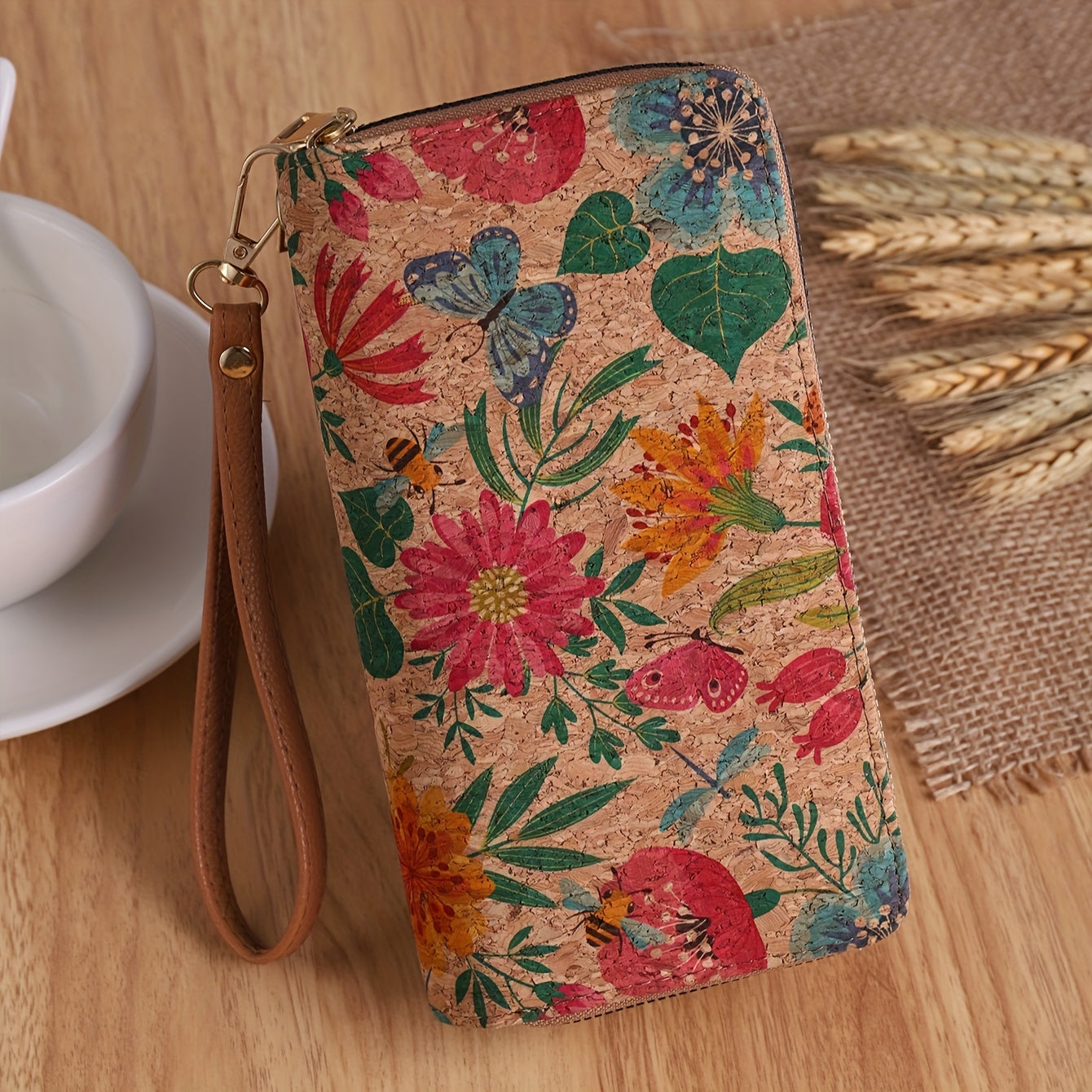 Terra cork mosaic boho wallet eco-friendly water-resistant dual zip wrist strap compact artisan pattern