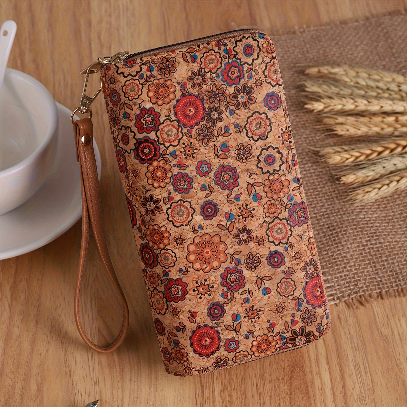 Terra cork mosaic boho wallet, water-resistant dual zip wrist strap, eco-friendly artisan pattern