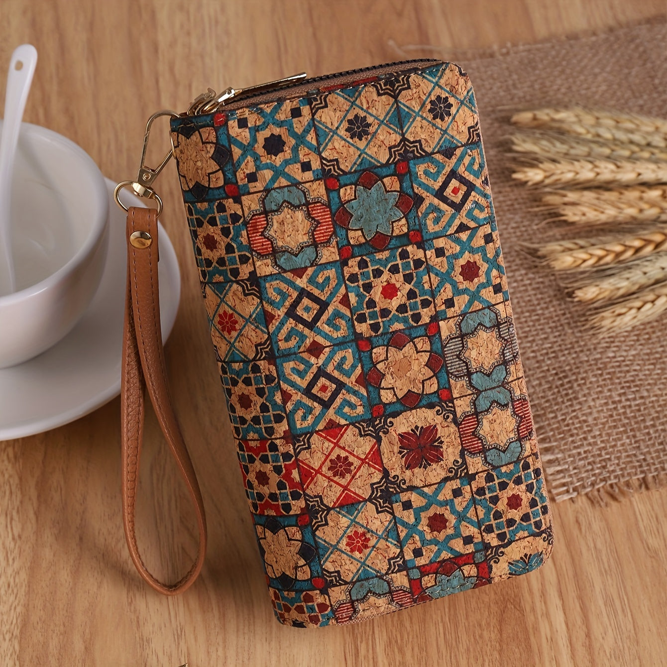 Terra cork mosaic boho wallet, water-resistant dual-zip wristlet with artisan eco-friendly pattern