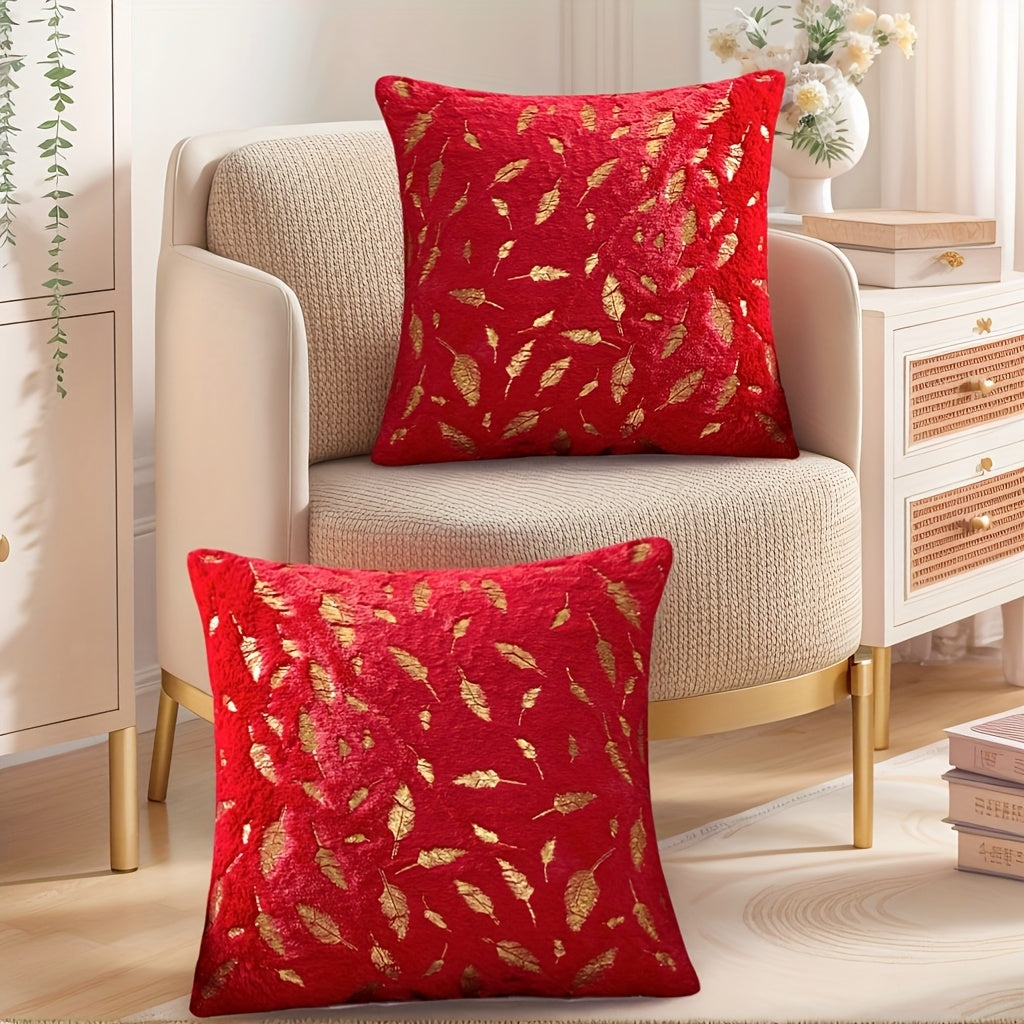 Ultra-soft faux fur throw pillow cover with shimmering metallic gold foil feather accents for luxe decor