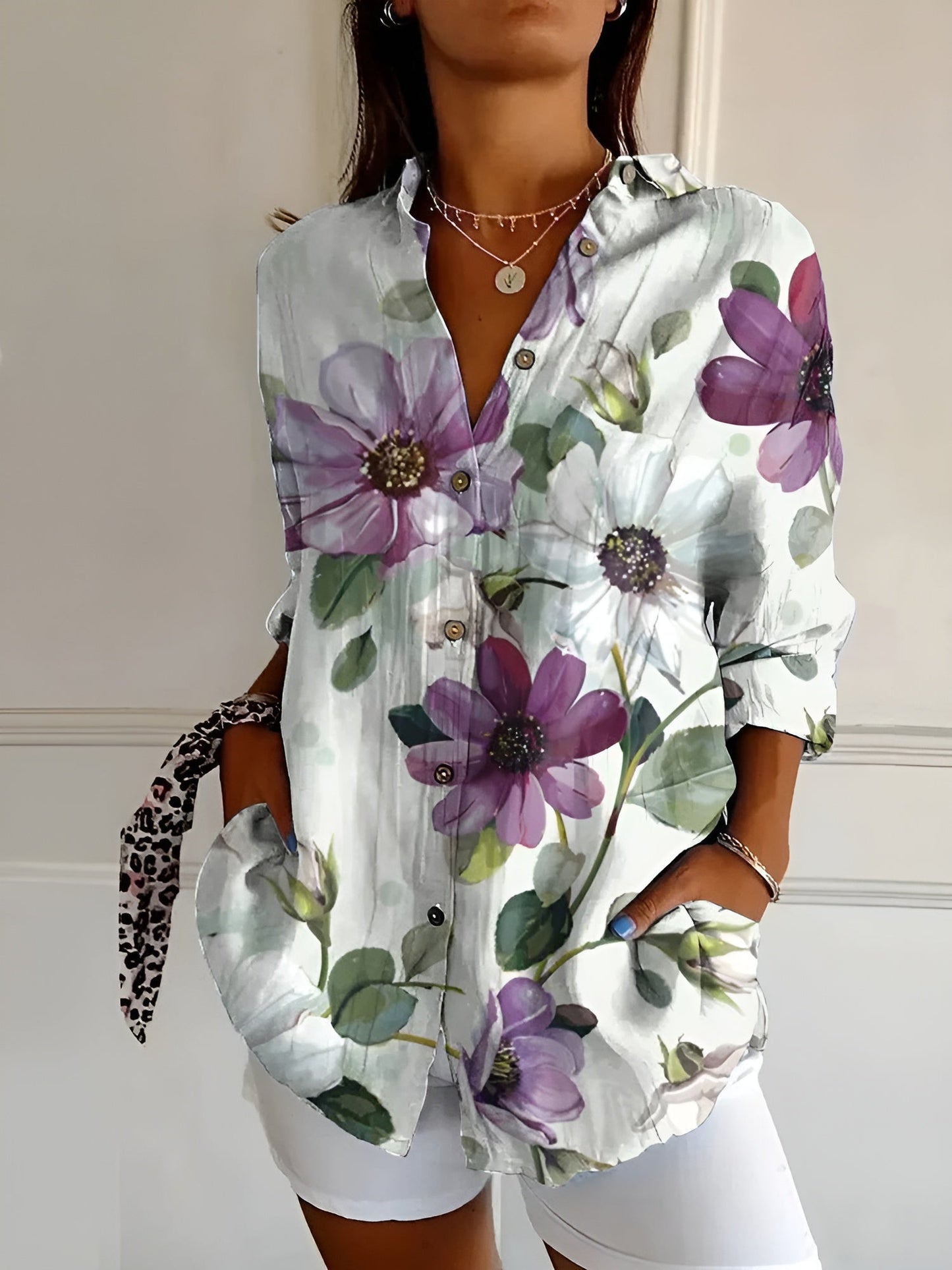 Women's white lightweight button-down blouse with classic shirt collar, polished everyday workwear style