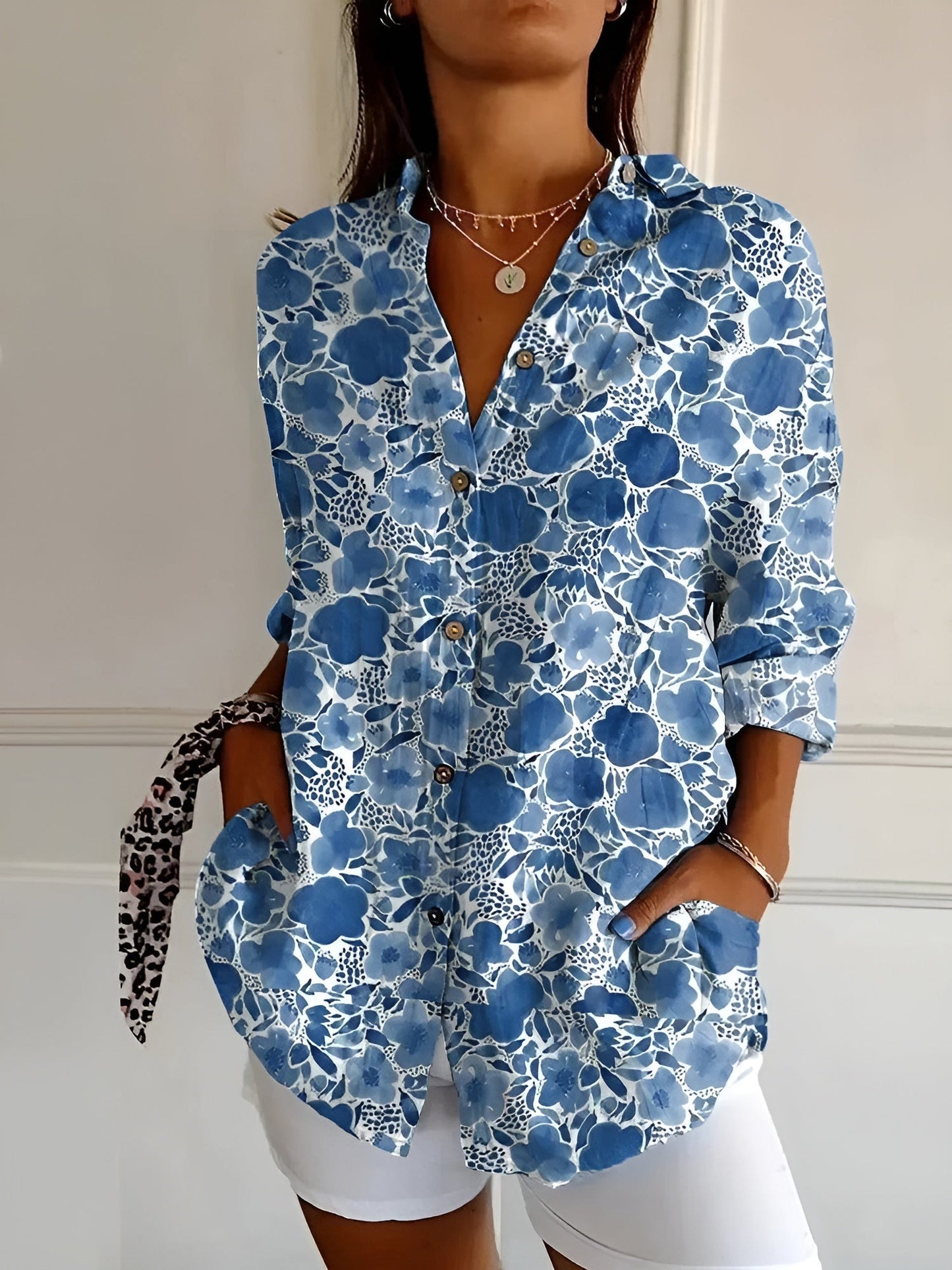 Women's white lightweight button-down blouse with classic shirt collar, polished everyday workwear style