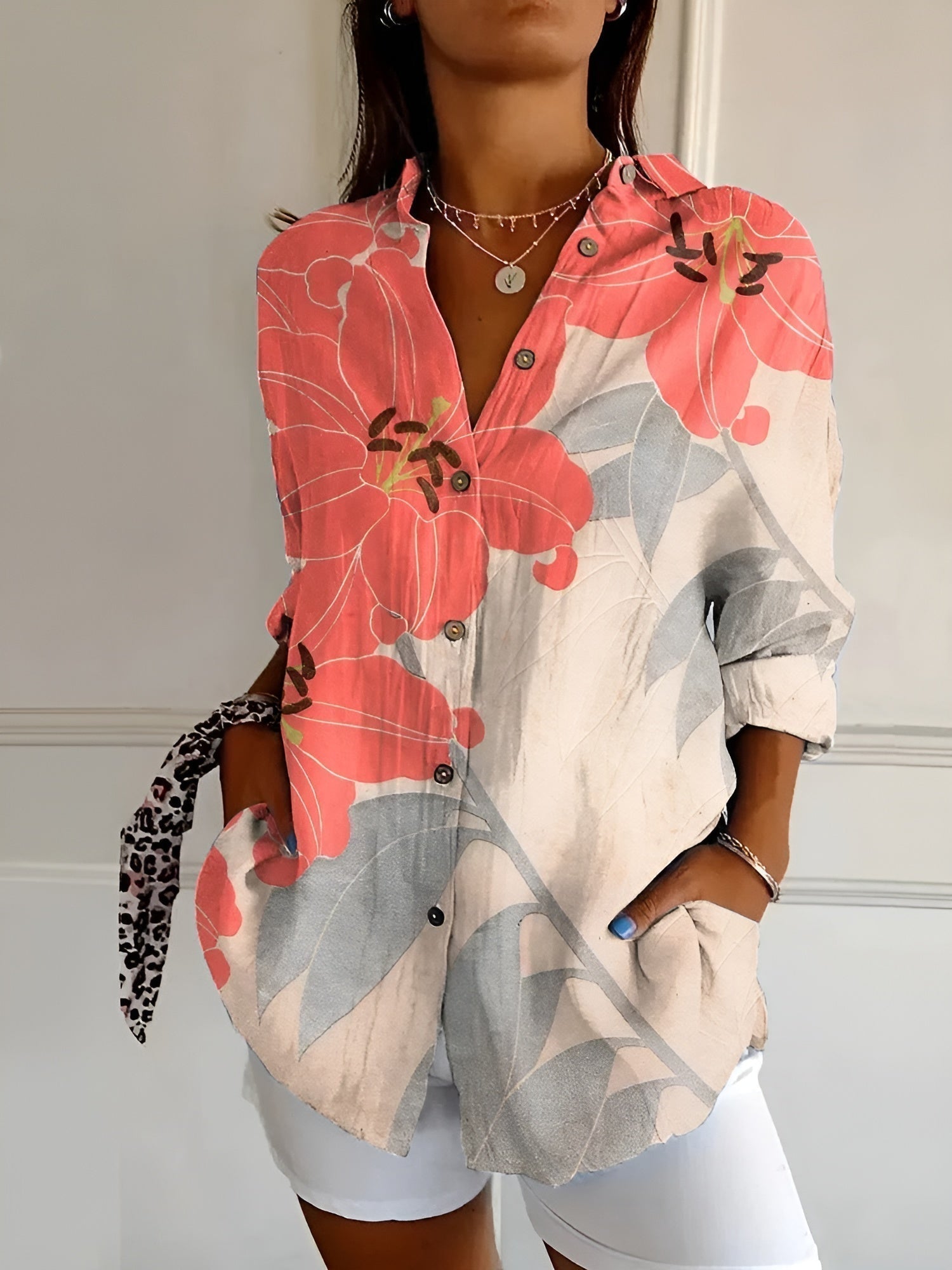 Women's white lightweight button-down blouse with classic shirt collar, polished workwear style