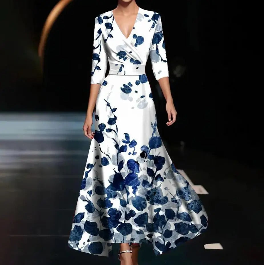 Floral wrap midi dress for women with V-neckline, fluid drape, and softly structured silhouette
