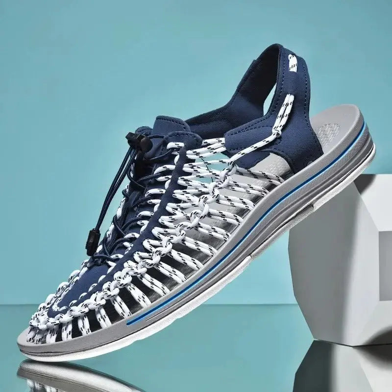 Beige slip-on shoes open knit yarn design structured support breathable interwoven comfort technology