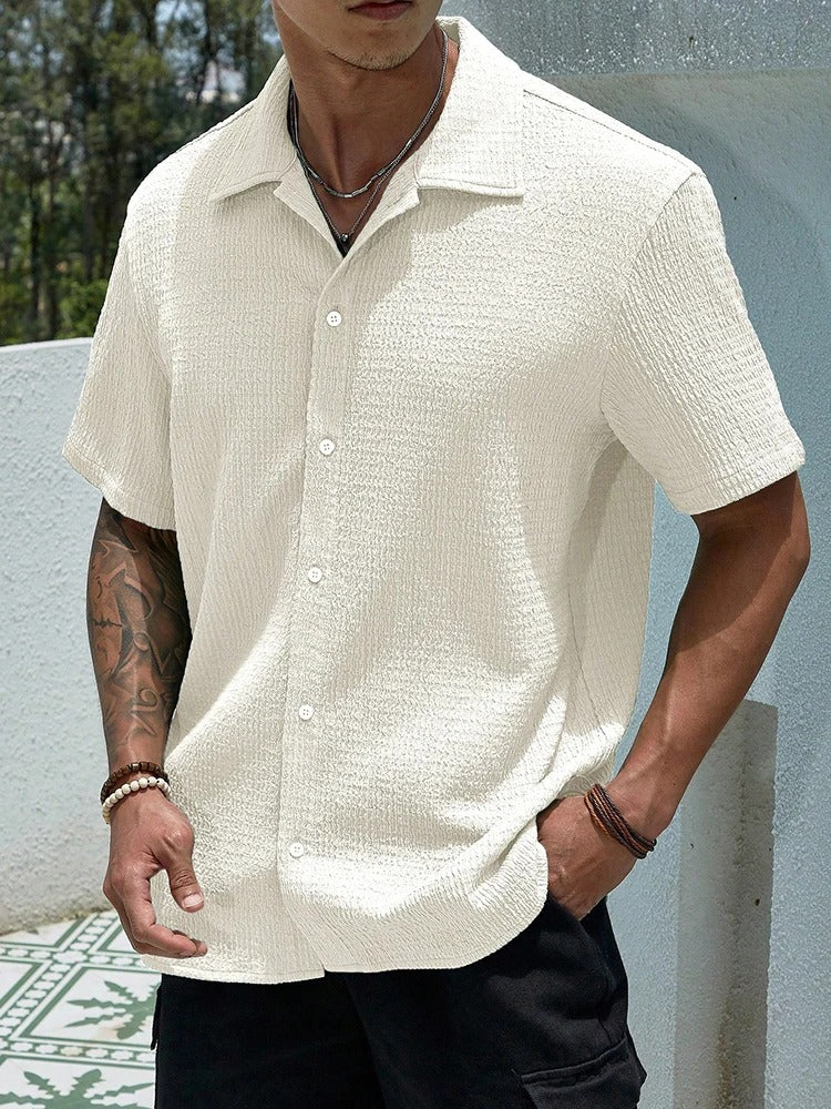 Men's relaxed fit textured cotton blend short sleeve button-front casual summer shirt