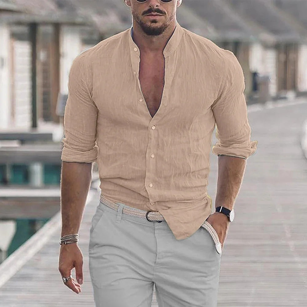 Men's slim fit linen blend shirt with mandarin collar, breathable casual smart wear