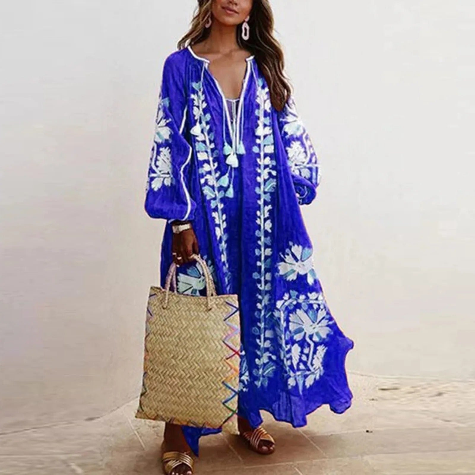 Boho embroidered maxi dress for women, relaxed fit, breathable fabric with artisanal texture detail
