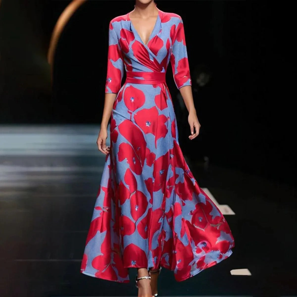 Women's floral wrap midi dress with V-neckline, fluid drape, and softly structured silhouette