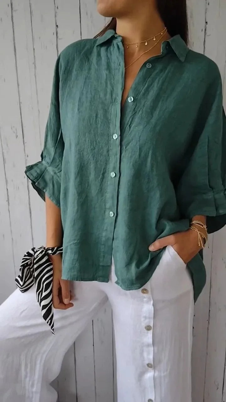 Women's white linen button-up shirt relaxed fit long sleeves breathable lightweight everyday style