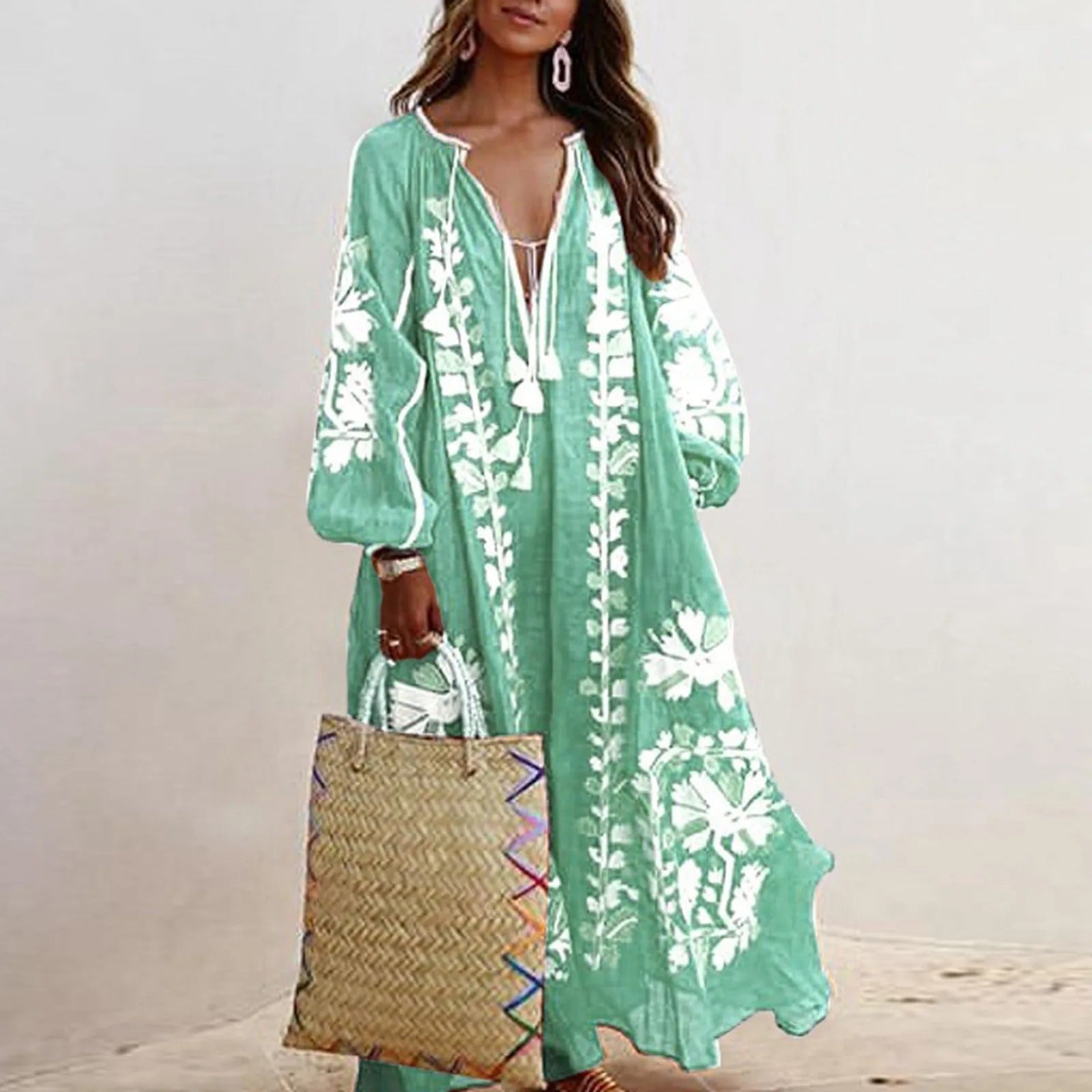 Boho embroidered maxi dress for women, relaxed fit, breathable fabric with artisanal texture detail