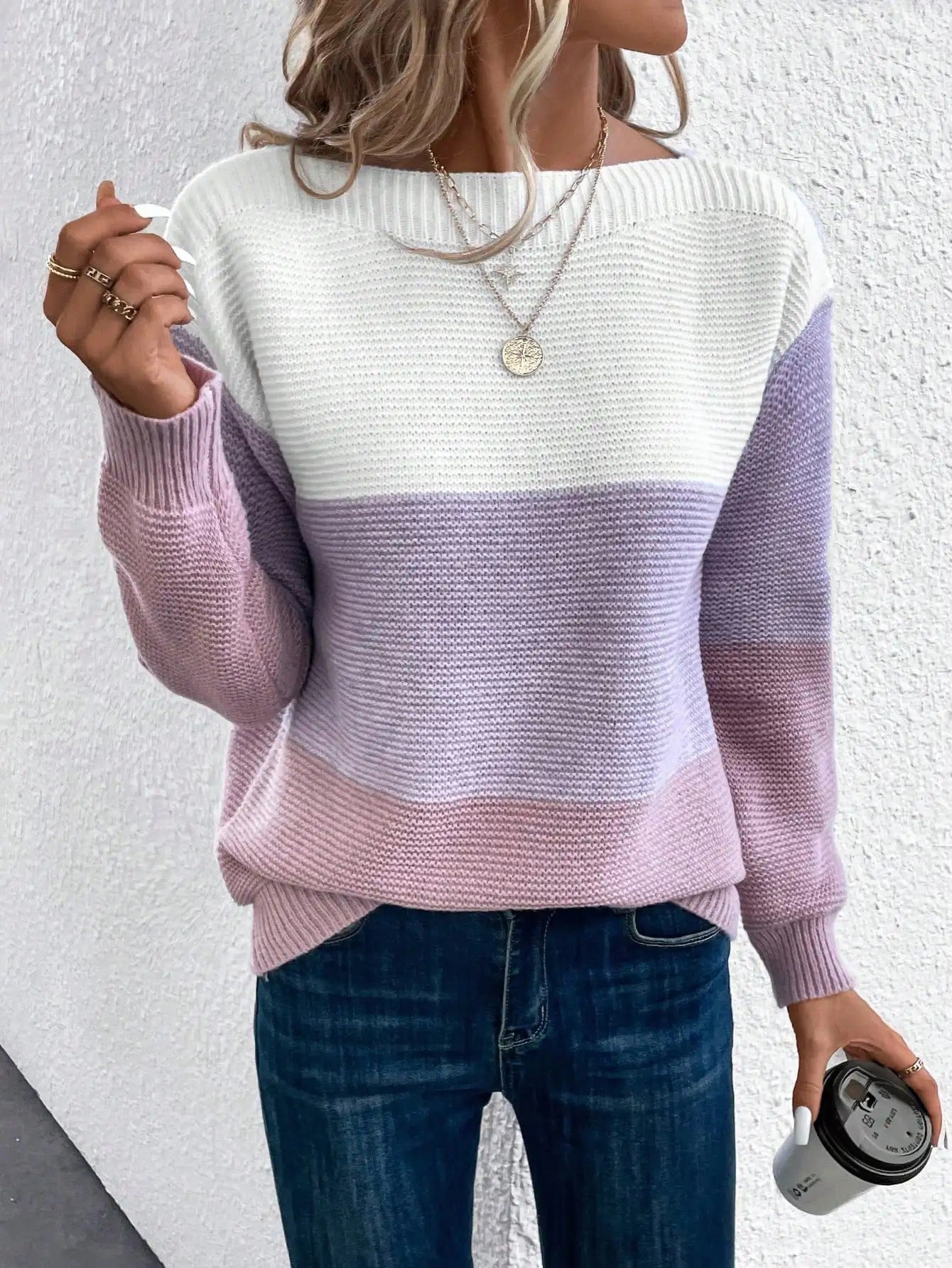 Women's patchwork knit sweater three-color colorblock elegant modern design versatile casual semi-dressy