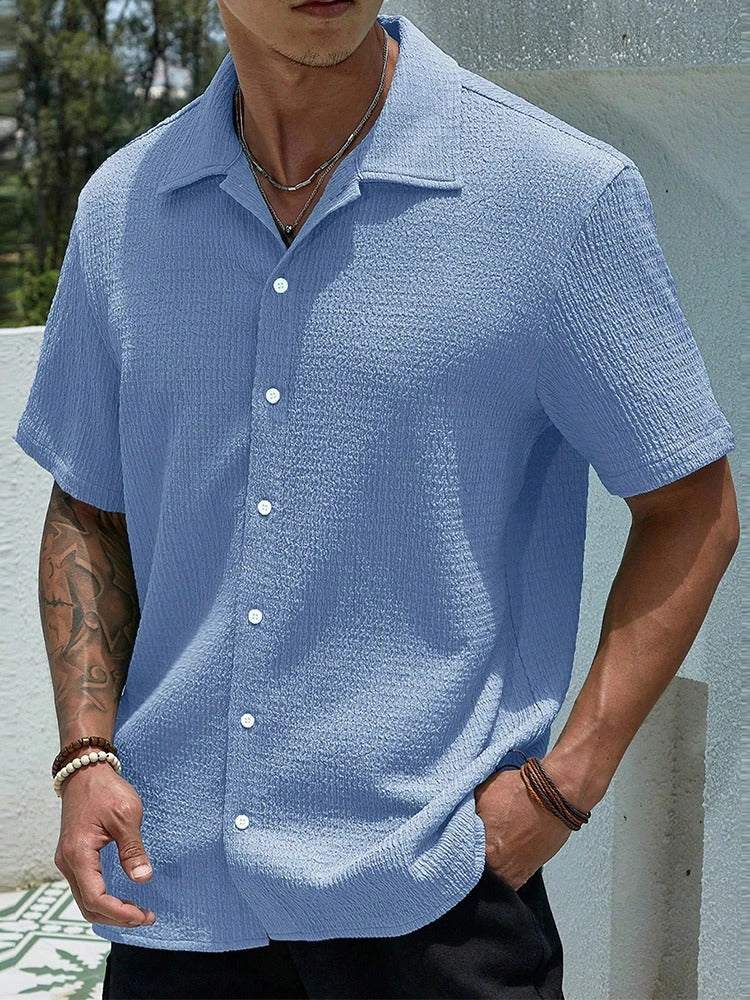 Men's relaxed fit textured cotton blend short sleeve button-front casual summer shirt