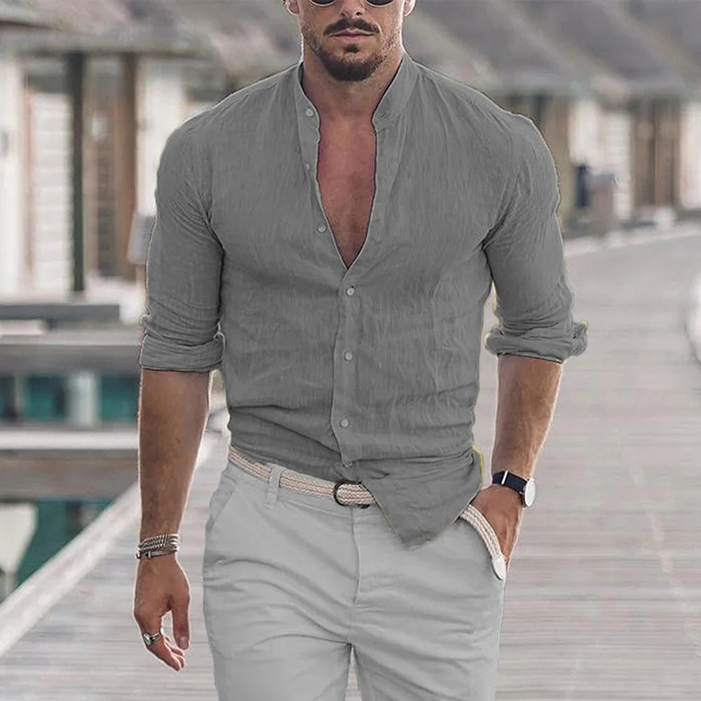 Men's slim fit linen blend shirt with mandarin collar, breathable casual smart wear