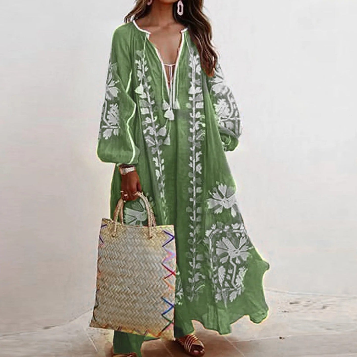 Boho embroidered maxi dress for women, relaxed fit, breathable warm-weather style with artisanal detail