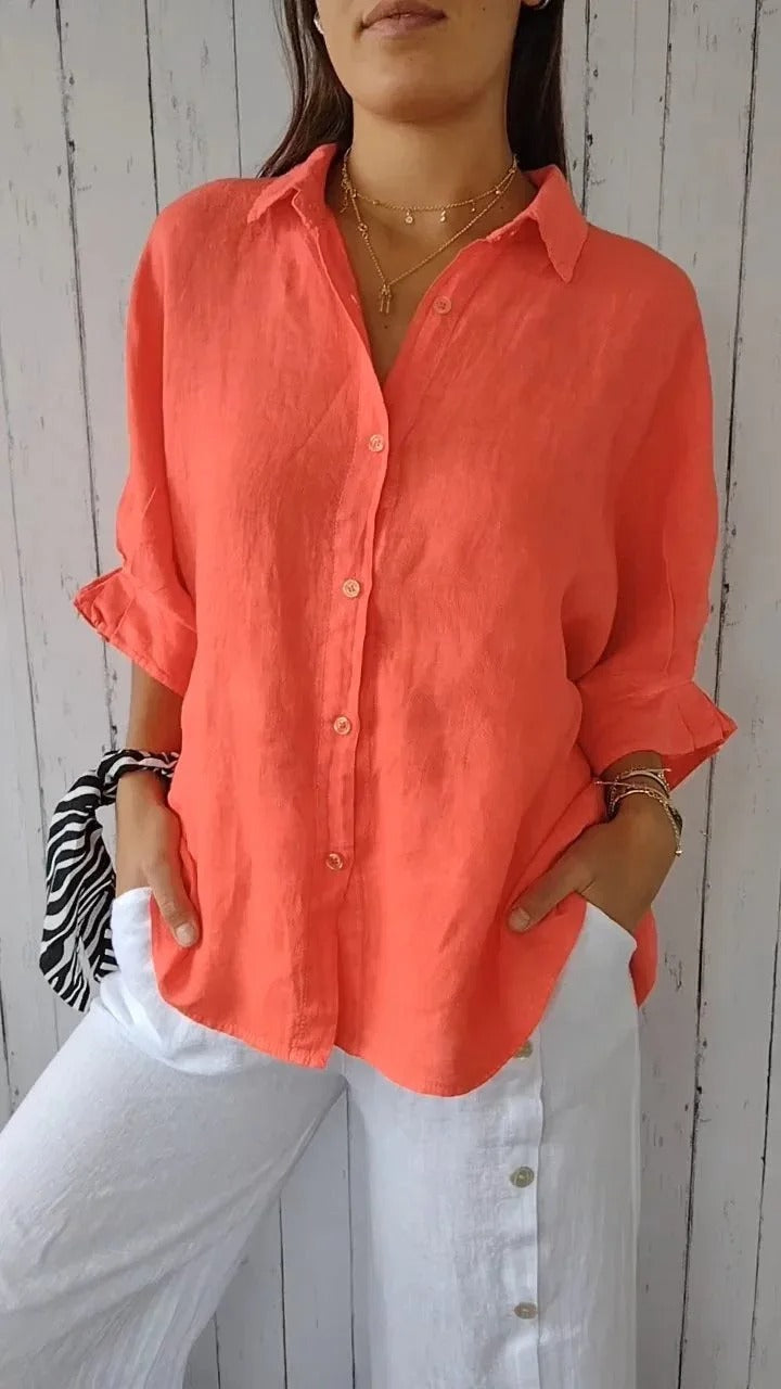 Women's white linen button-up shirt relaxed fit long sleeves breathable lightweight everyday style