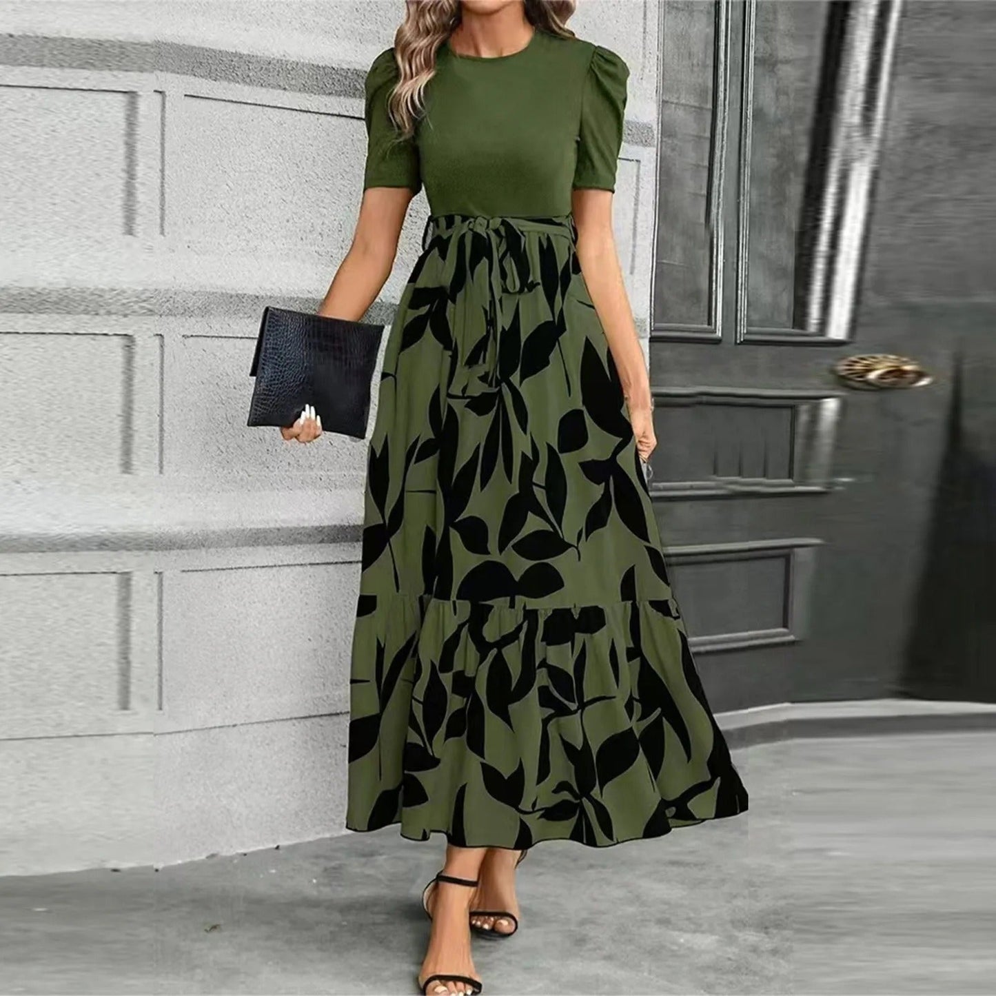 Black floral maxi dress with high waist tie-front bow, botanical print, feminine silhouette
