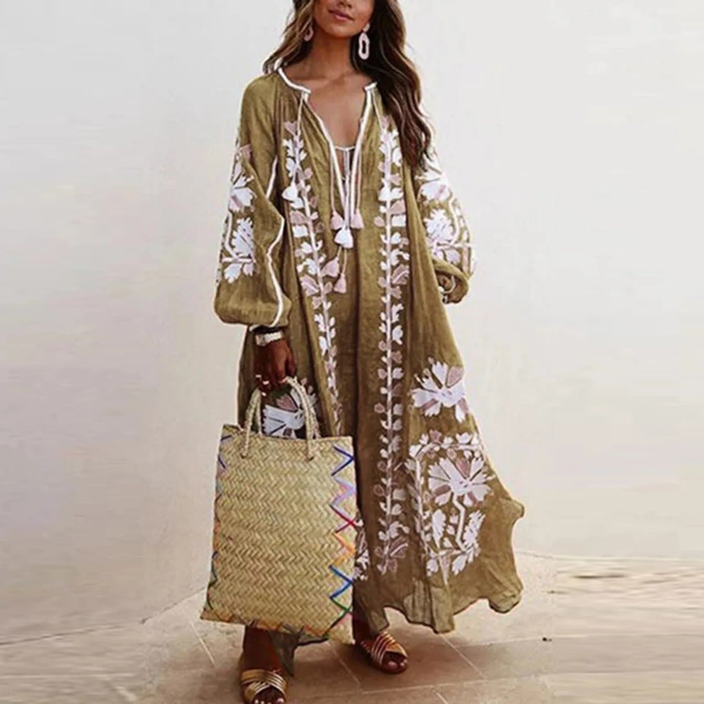 Boho embroidered maxi dress for women, relaxed fit, breathable warm-weather style with artisanal texture