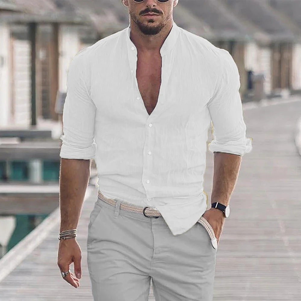 Men's slim fit linen blend shirt with mandarin collar, breathable casual smart wear