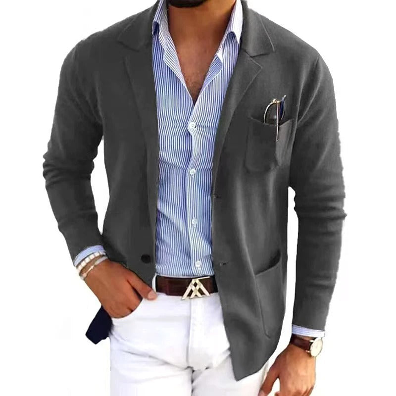 Men's slim fit navy blazer with breast pocket, tailored polyester fabric for professional versatile wear