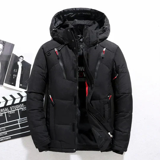 Men's navy blue down winter parka insulated windproof lightweight contemporary silhouette cold weather