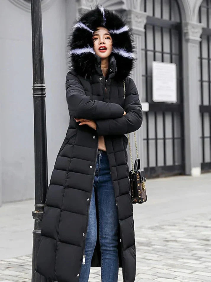 Women's long belted winter coat warm elegant silhouette with flattering waist belt sustainable fabric
