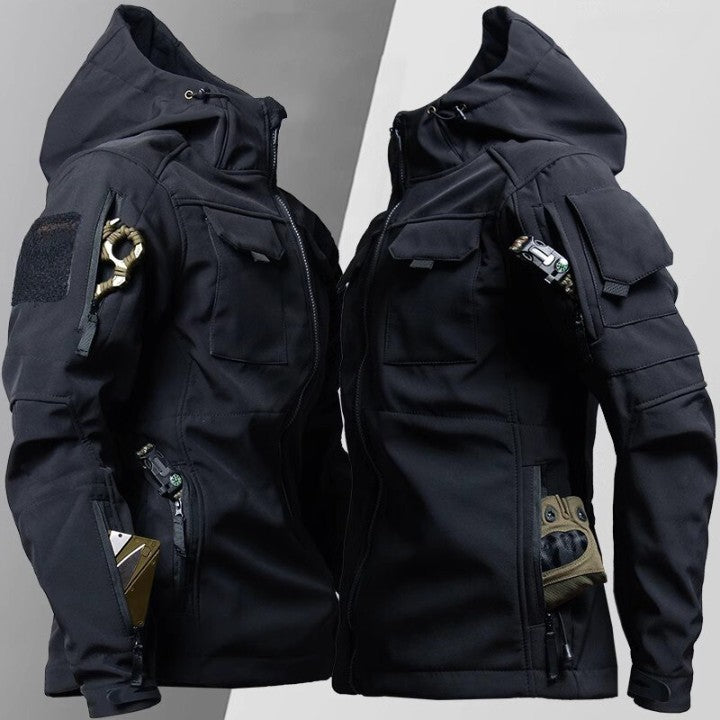 Men's water-resistant tactical jacket hip-length full zip with multiple pockets for outdoor pursuits