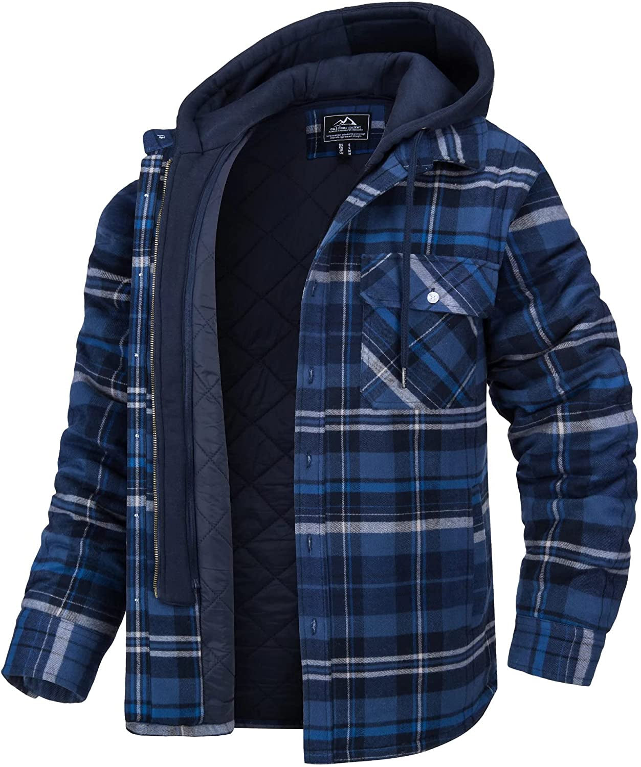 Men's plaid shirt jacket with flannel quilted lining, relaxed fit, detachable hood, outdoor casual wear