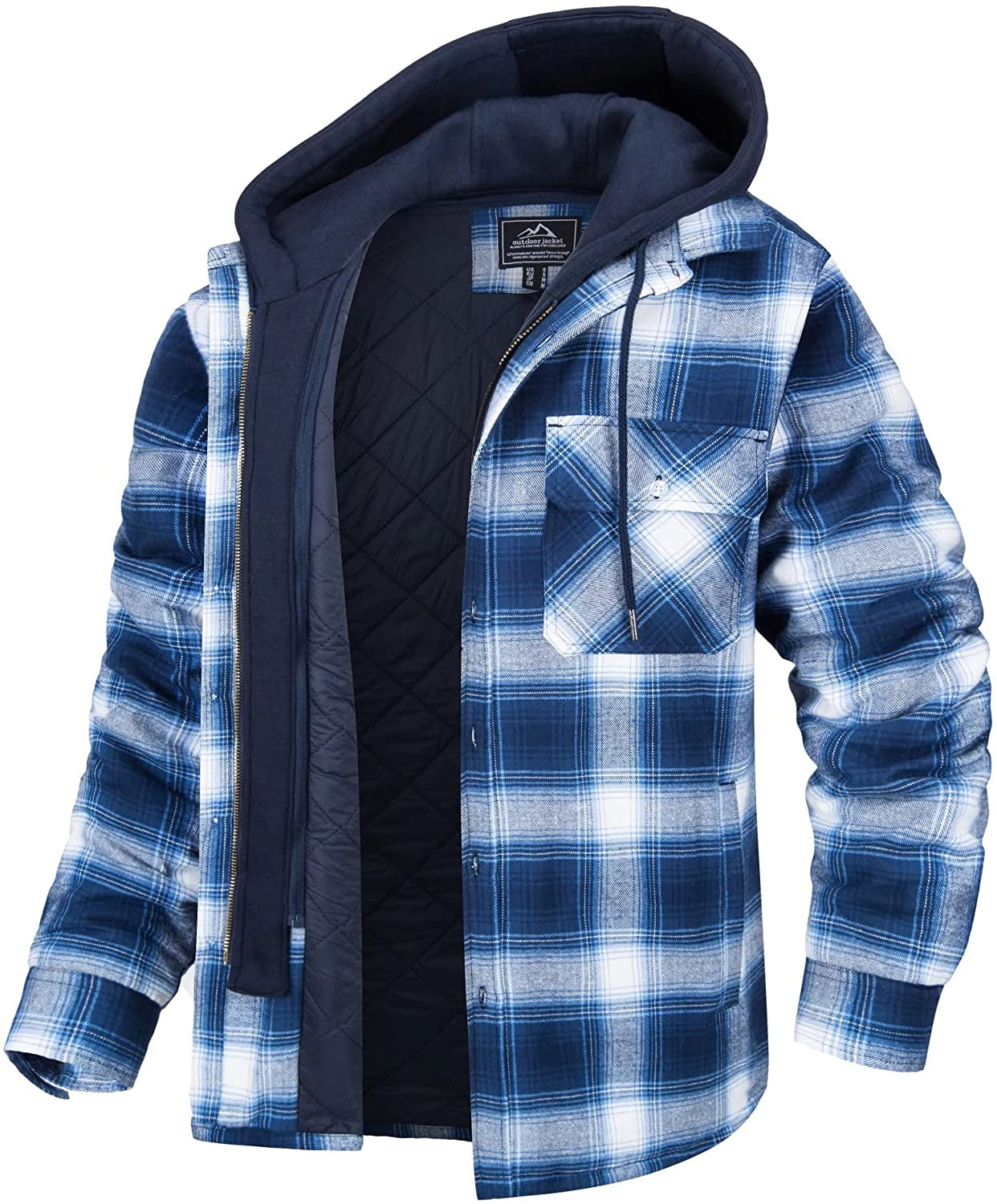 Men's plaid shirt jacket relaxed fit flannel quilted lining detachable hood outdoor layering