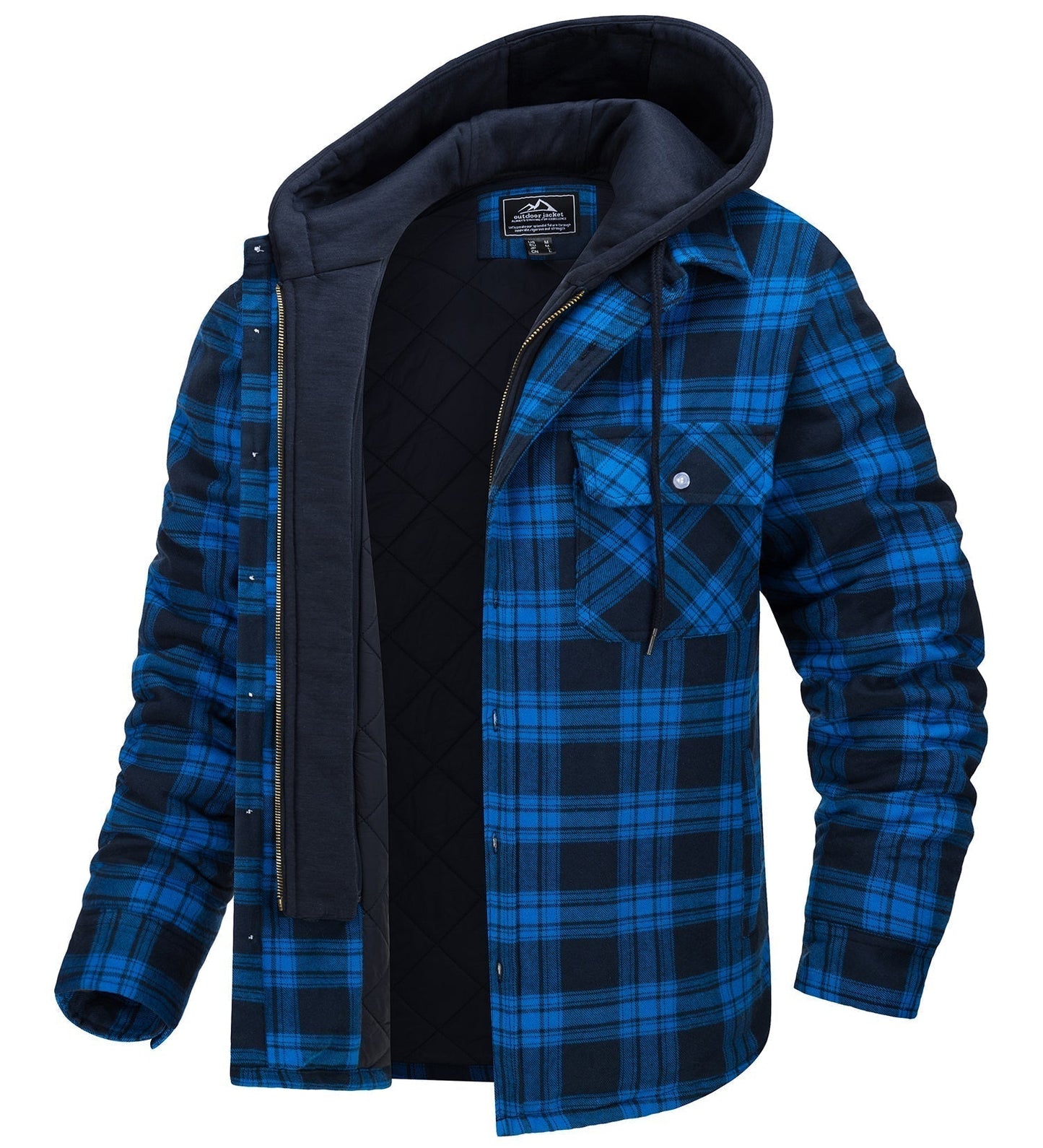 Men's plaid shirt jacket with flannel quilted lining, relaxed fit, detachable hood, outdoor layering