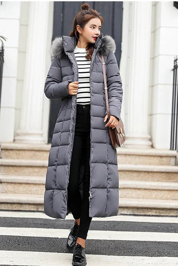 Women's long belted winter coat warm sustainable fit elegant silhouette flattering waist belt