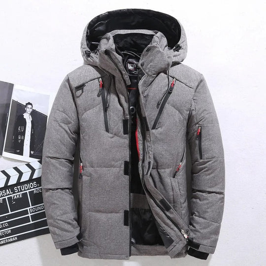 Men's navy blue down winter parka windproof insulated slim fit with contemporary silhouette