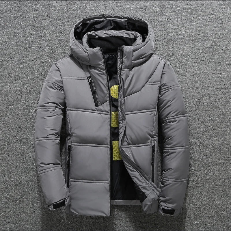 Men's black hooded puffer jacket quilted insulation full-zip closure cold weather everyday wear