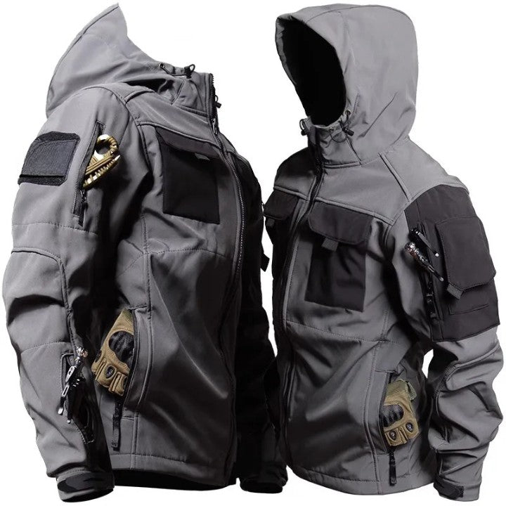 Men's water-resistant tactical jacket hip-length full zip olive green with multiple utility pockets