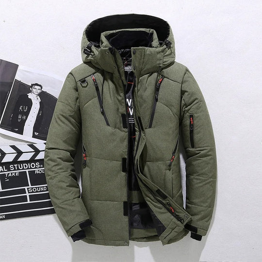 Men's navy insulated down winter parka windproof slim-fit cold weather jacket with contemporary silhouette